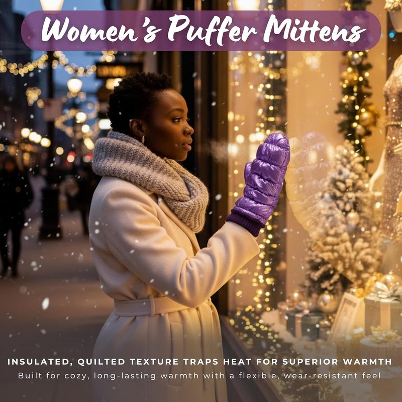 Funky Junque Women's Fleece Lined Puffer Mittens Gloves, Cold Weather Accessory for Ice Skating, Shiny Metallic Knit Cuff - Image 3